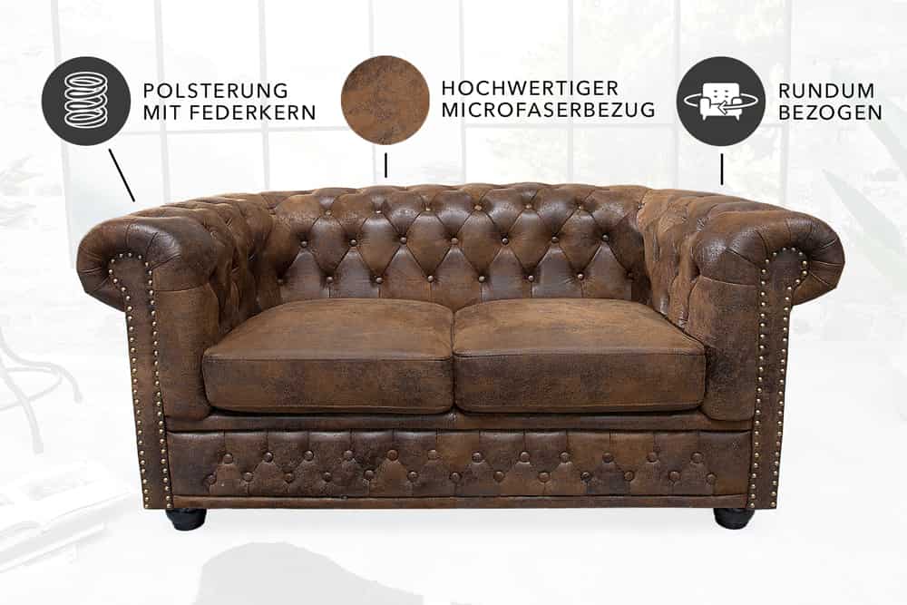 Chesterfield 2-Sitzer Sofa 150cm antik braun Microfaser Federkern Knopfheftung