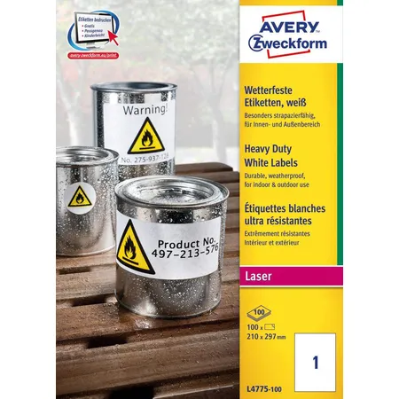 Avery Zweckform L4774-20 Wetterfeste Folien-Etiketten, 99,1 x 139 mm, 20 Bogen/80 Etiketten, weiß