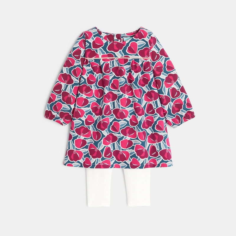 Robe molleton fleurie et legging rose bébé fille