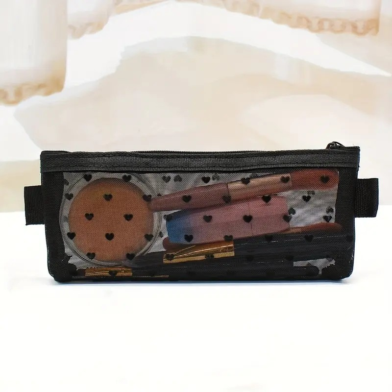 (190x80mm) Mesh Kosmetik Make Up Tasche Pinsel Necessaire Organizer Bag mit Herzen - Schwarz