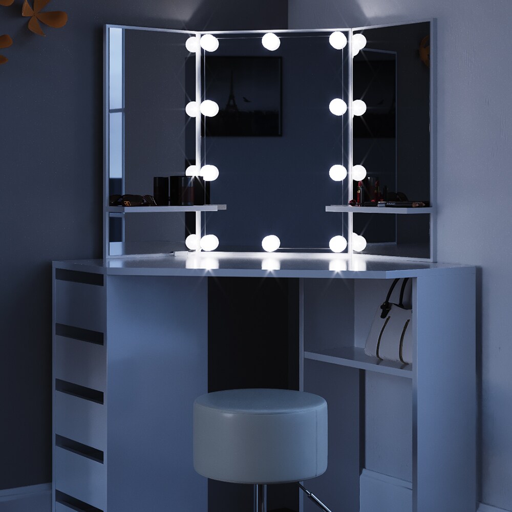 Vicco Eckschminktisch Arielle Kosmetiktisch Frisiertisch Schminktisch Weiß inklusive Sitzhocker und LED-Lichterkette