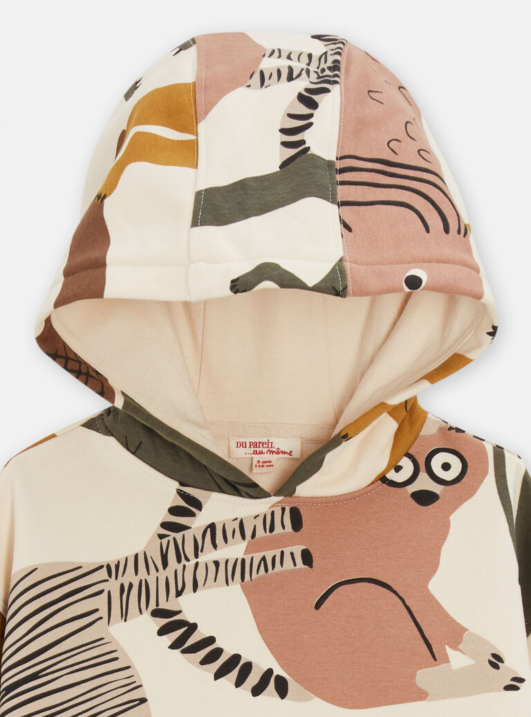 Sweat écru à capuche animation savane pour garçon