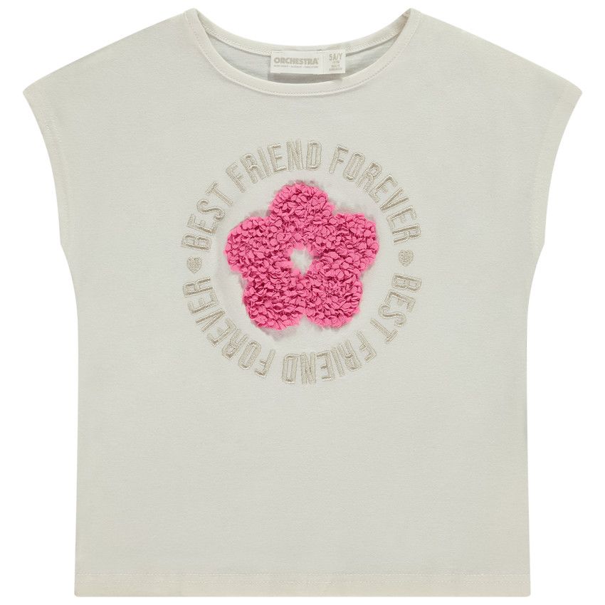 T-shirt manches courtes avec fleur effet pétales 3D pour fille - Ecru