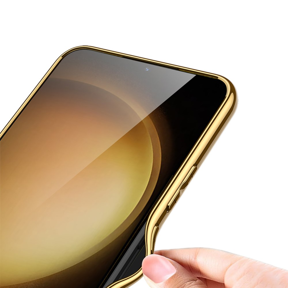 Samsung Galaxy S24 Leder Hardcase Hülle mit Galvanisiertem Rahmen   Kameraschutz - Gold / Lila