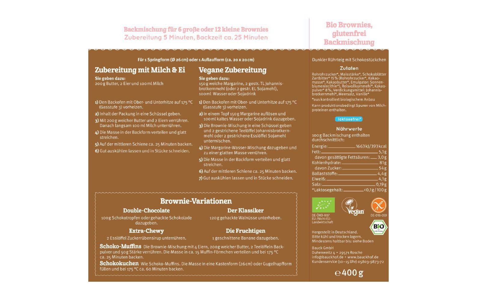 Backmischung Brownies glutenfrei 400 gBio Backmischung Brownies glutenfrei