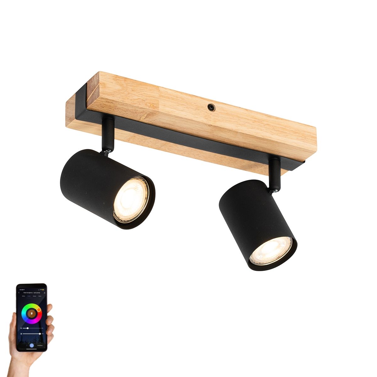 Smart plafondspot zwart met hout 2-lichts draai- en kantelbaar incl. Wifi GU10 50mm - Jeana