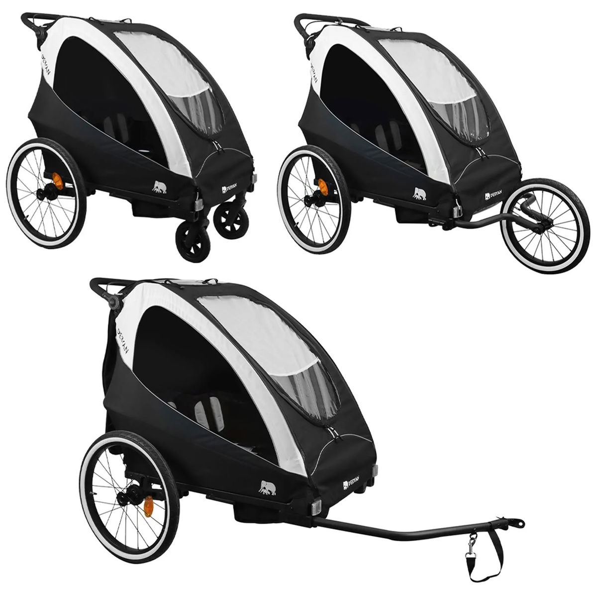 DERYANDERYAN   3in1 Fahrradanhänger für 2 Kinder weiss