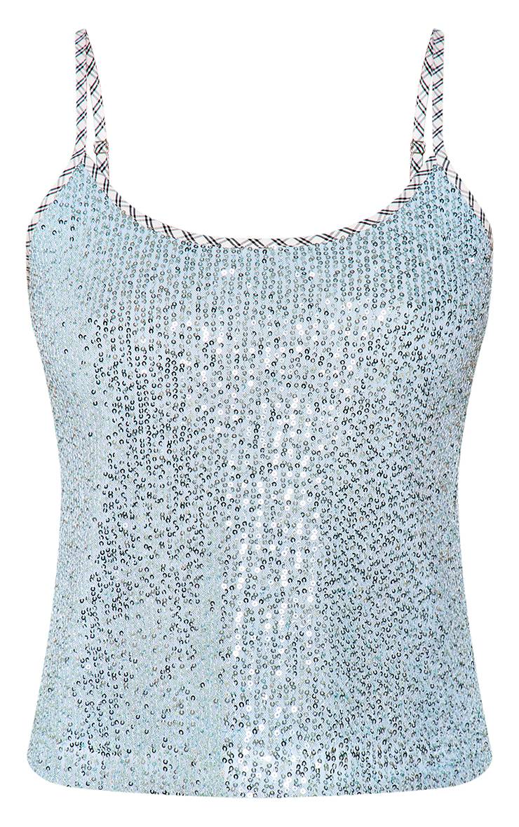 Bleu Clair Caraco Court À Carreaux De Sequins