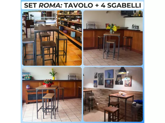 Lot de table de bar carrée de 110 cm de haut et 4 tabourets en noyer brun Mod. ROMA par Yelloo