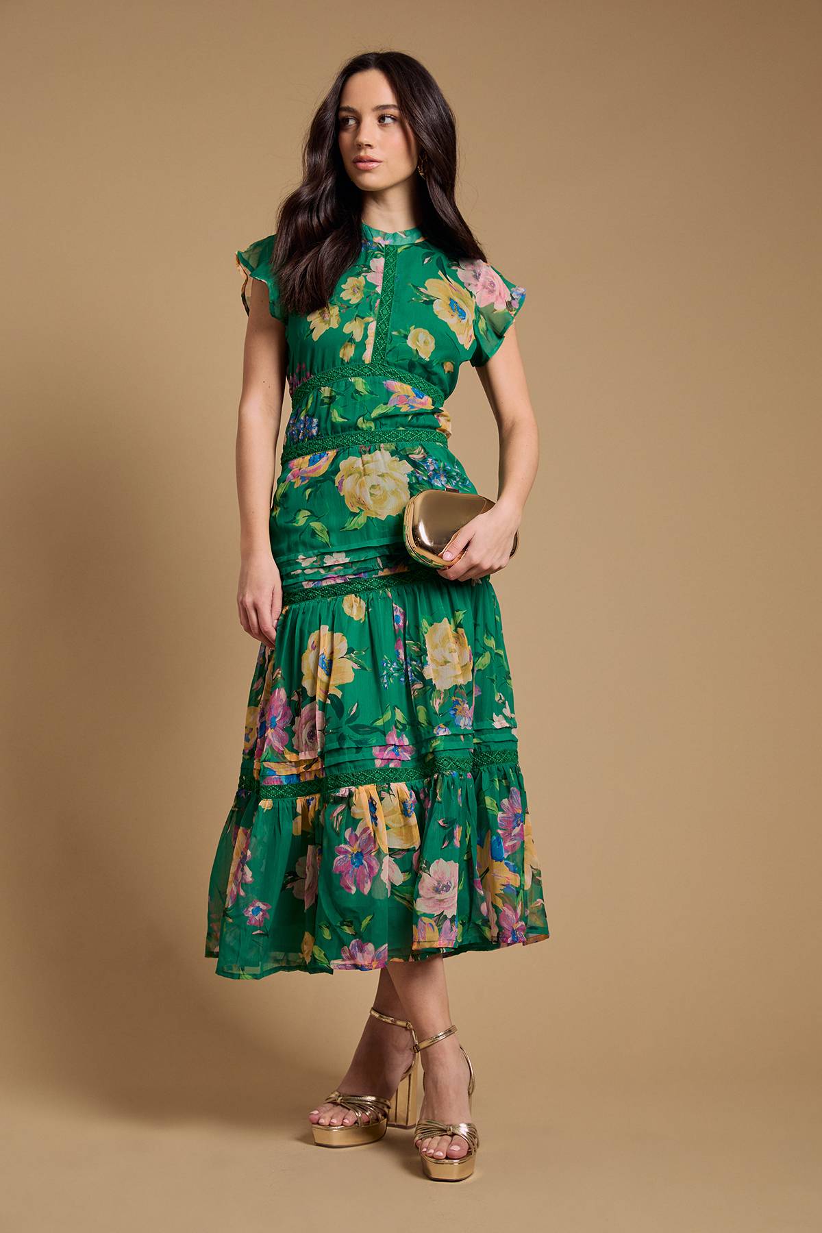 Oasis Robe En Mousseline À Imprimé Floral Avec Insertion De Dentelle