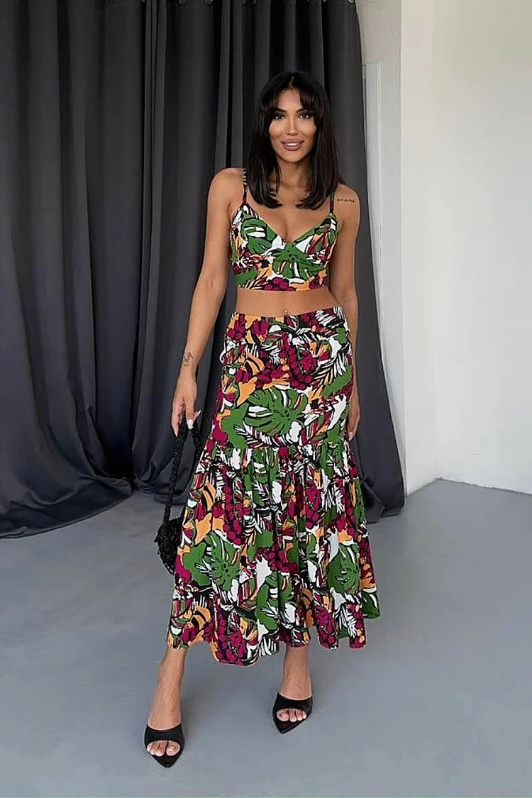 Ensemble 2 pièces crop top + jupe fleurie colorée