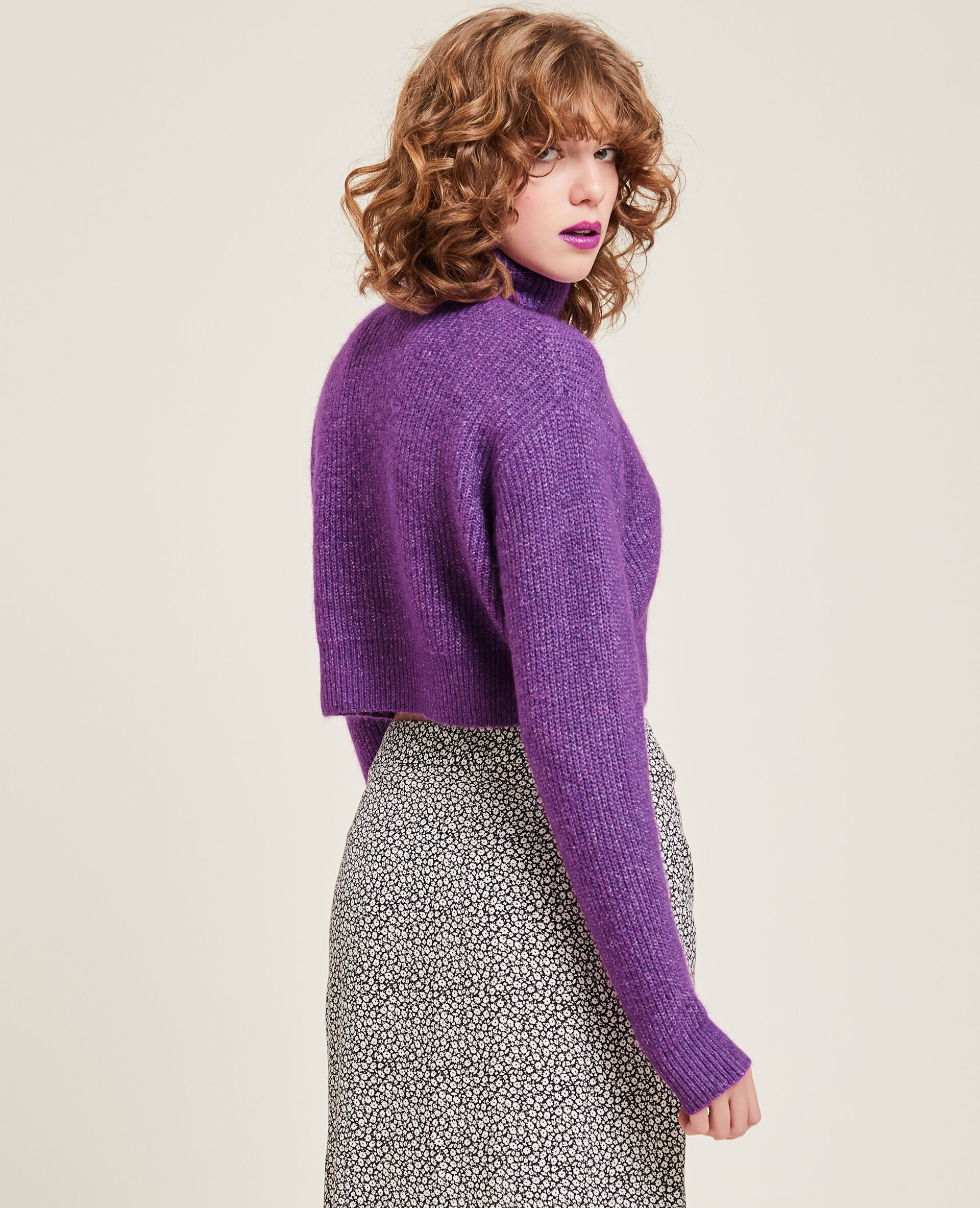 Pull cropped col roulé - Violet