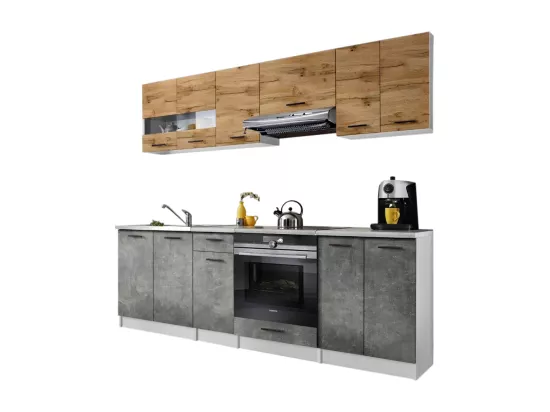 Cuisine Bigo 8 éléments - finition bas BETON haut BOIS 240 cm