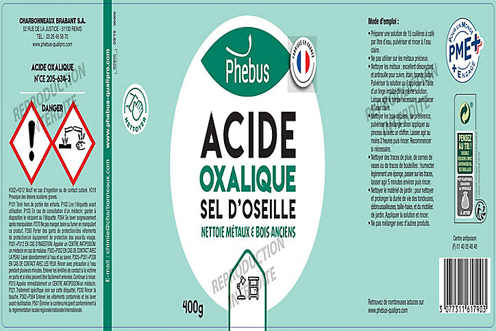 Acide Oxalique sel d'oseille pour métaux et bois anciens Phebus 400g