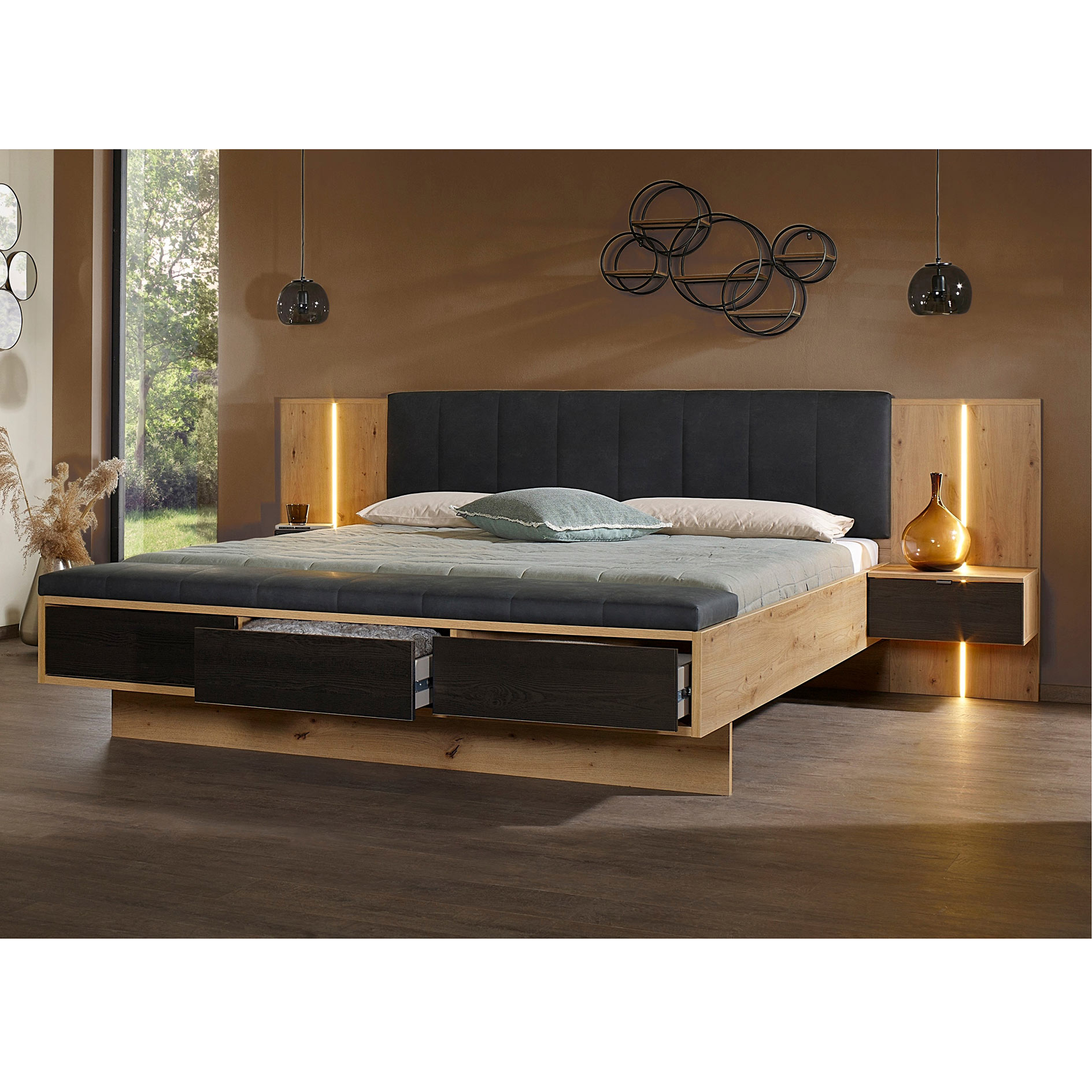 Bettanlage - Artisan Eiche-Eiche schwarz - mit Bettkästen - 180x200 cm