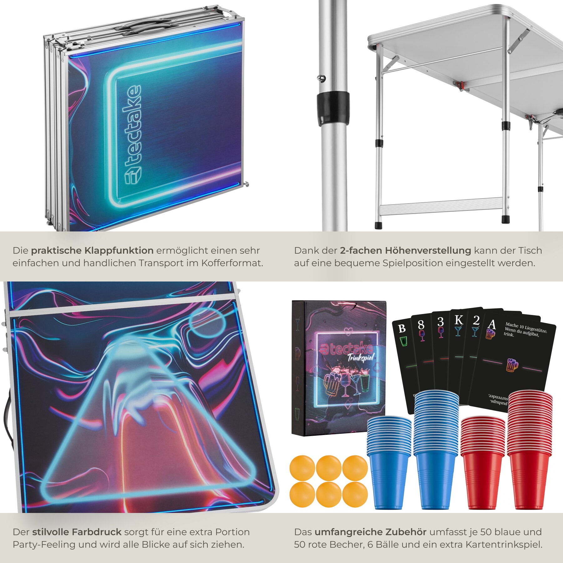 tectake® Bierpongtisch, aus Aluminium, mit LED-Beleuchtung, bodenschonende Kunststofffüße, inklusive 100 Bechern, 6 Bällen und Kartentrinkspiel