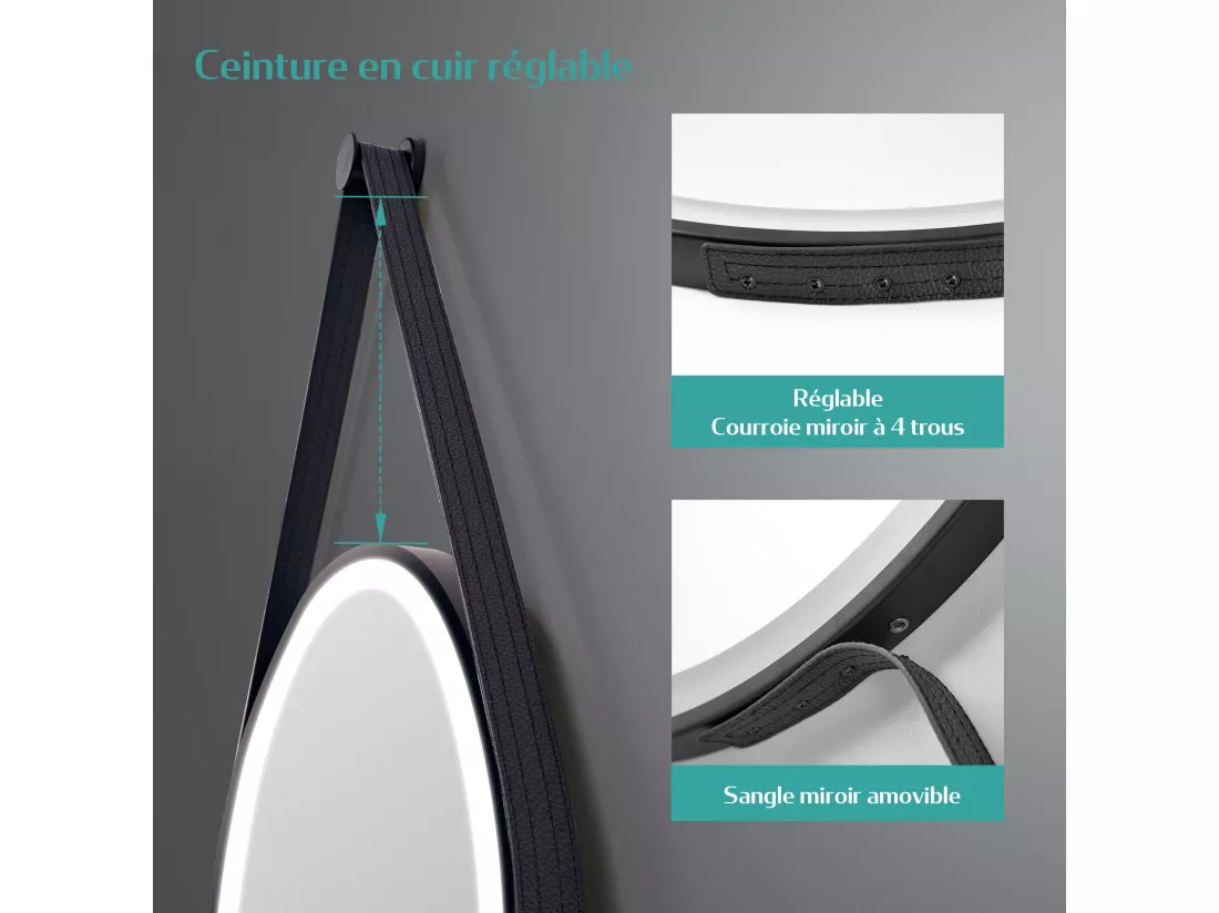 EMKE Miroir lumineux salle de bain rond diamètre 50cm cadre noir, Sangle réglable, Miroir LED avec Interrupteur Tactile, Anti-buée, Lumière Froide