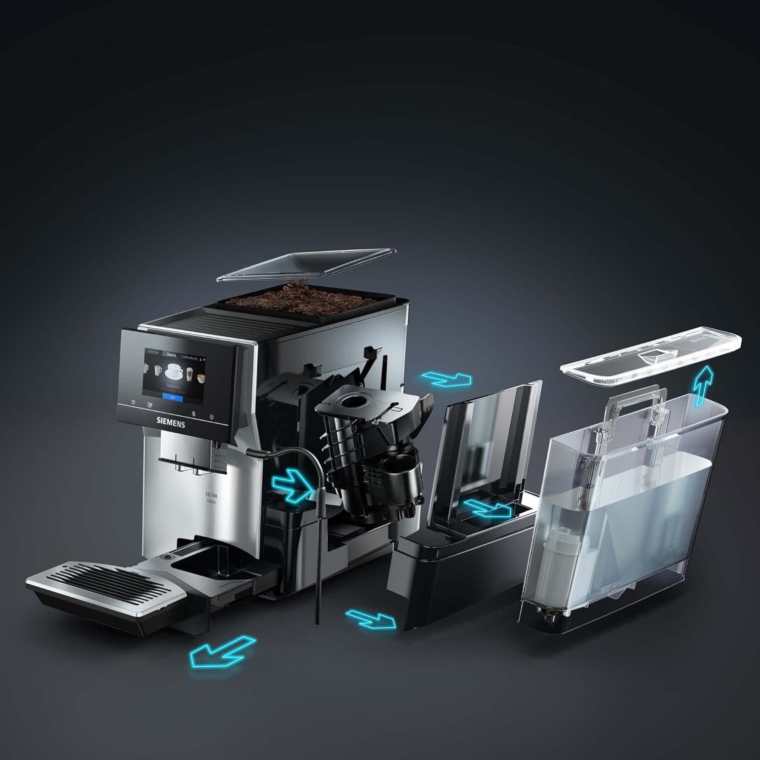 Siemens Electroménager Smart-Kaffeemaschine, EQ. 700, Display iSelect, CoffeeWorld, Cappuccinatore flexibel, Home Connect, Morgennebel, TP705R01 Classic