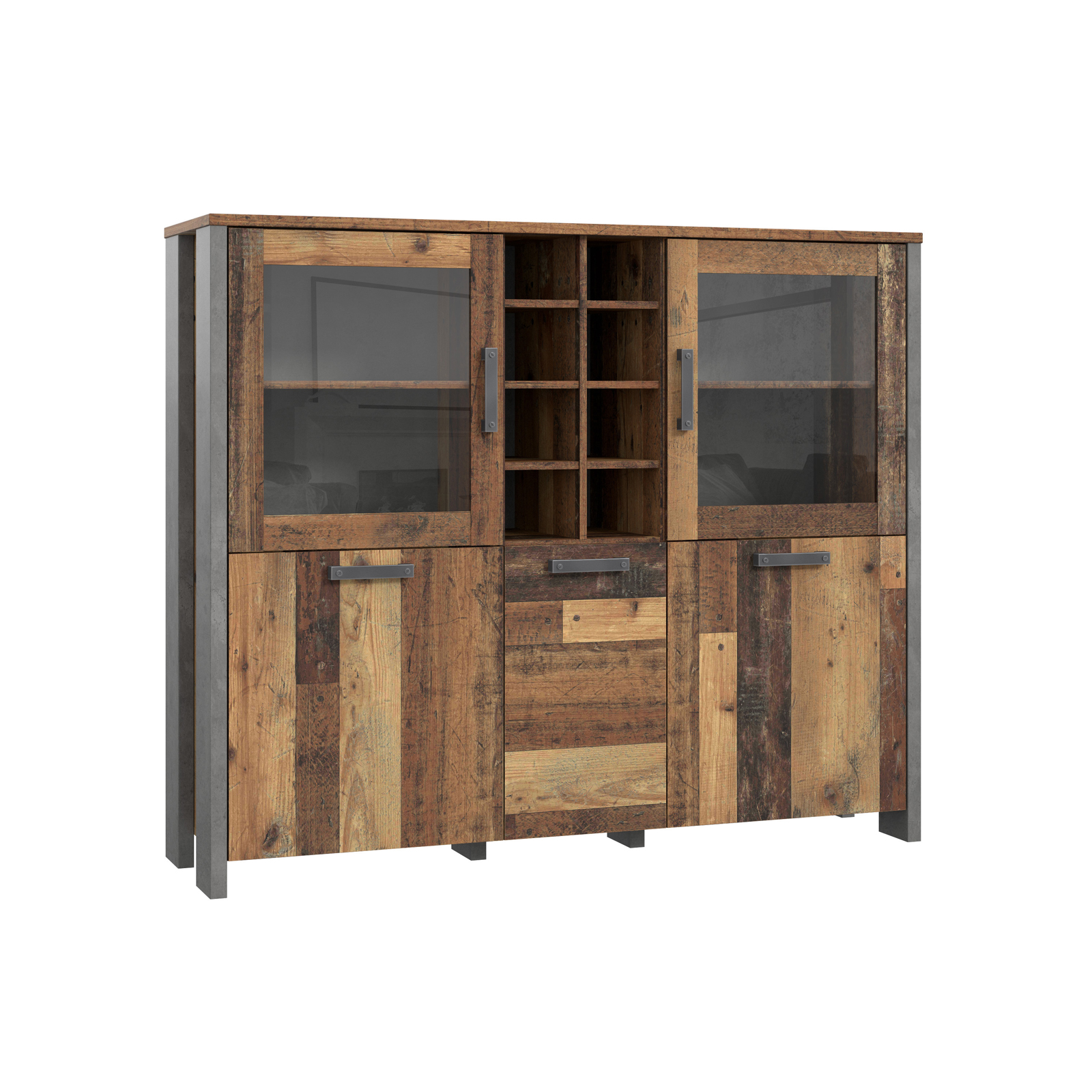 Highboardvitrine - Old Wood Vintage-Betonoptik - 151 cm breit