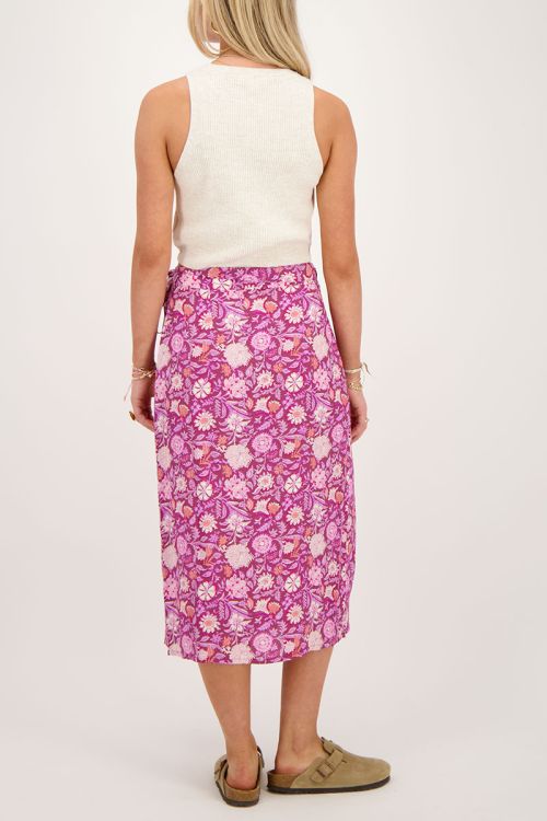 Paarse midi wikkelrok met roze bloemenprint