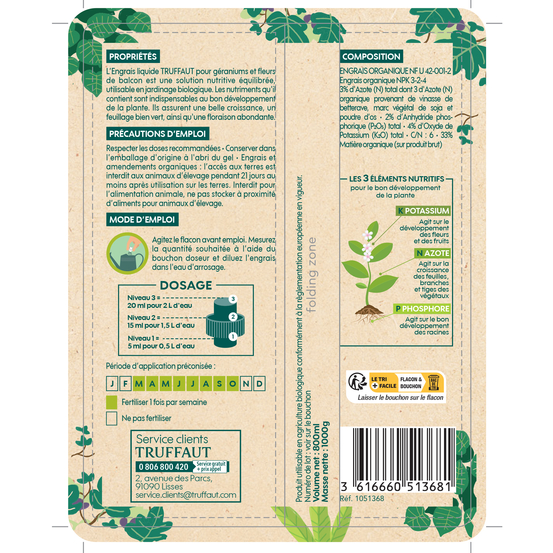 Engrais liquide Truffaut géraniums et fleurs de balcon 800 ml