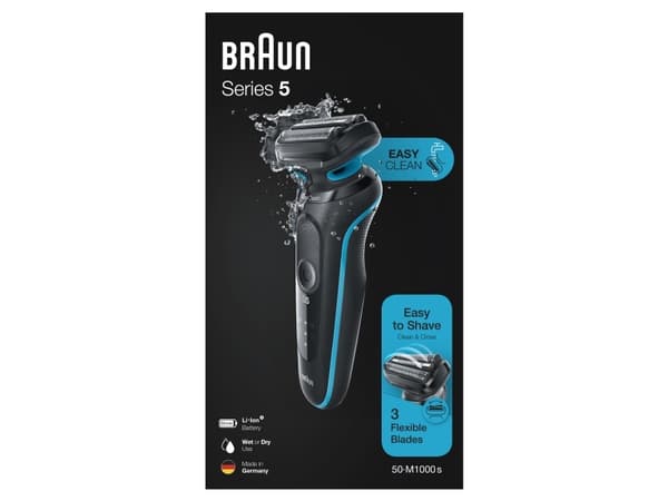 Braun Series 5 50-M1000s, Barberingsmaskin, Sort, Blå, LED, Batteri, Lithium-Ion (Li-Ion), Innebygd batteri