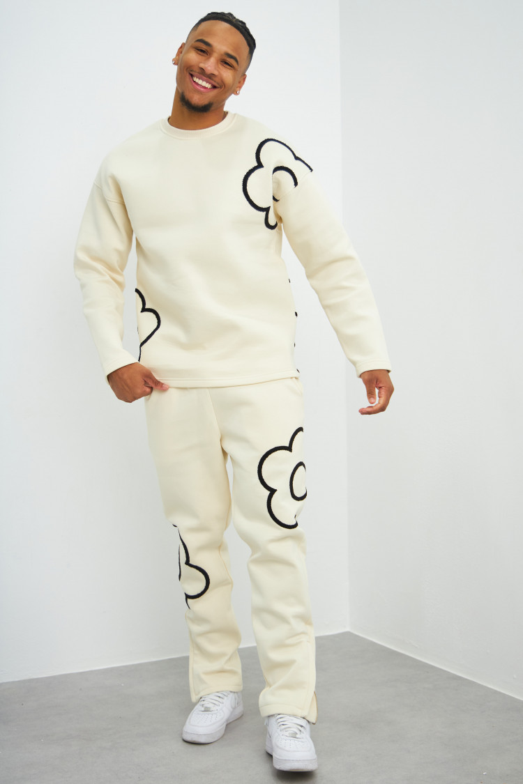 Ensemble 2 pièces sweat + jogging beige et noir à fleurs