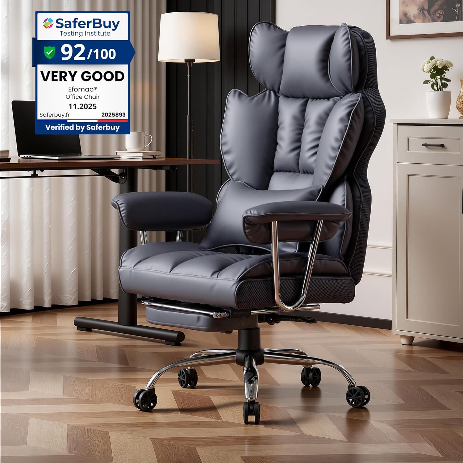 Efomao bürostuhl,PU Leder bürostuhl ergonomisch,schreibtischstuhl,Office Chair 200KG,Verstellbarer Drehstuhl mit Fußstütze und Lendenwirbelstütze