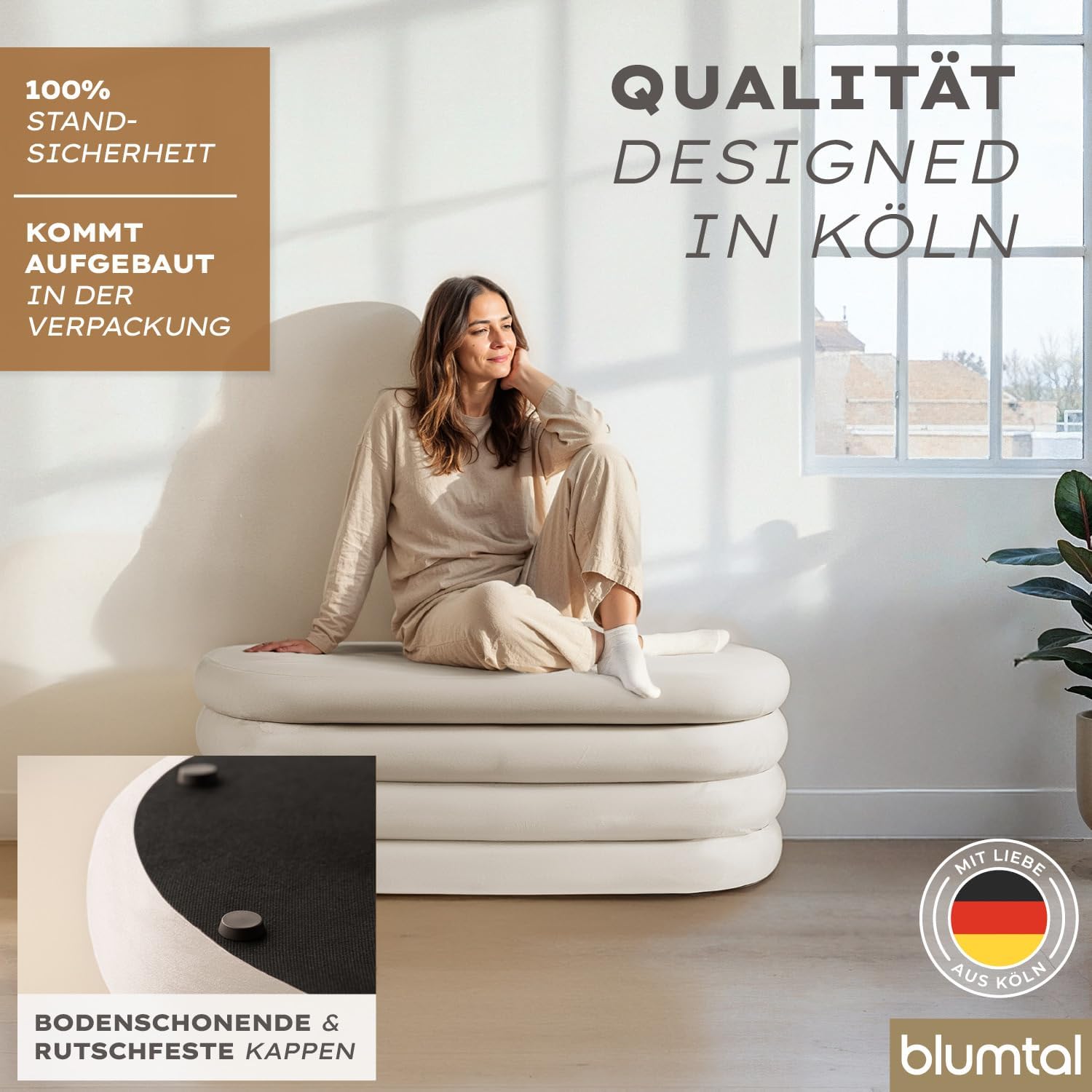 Blumtal Sitzbank mit Stauraum XL oval, Samt-Bezug - robuste Polsterbank mit Stauraum Samtoptik extra weich 110 x 45 x 42.5 cm - Polsterbank mit Stauraum - wunderschöner Samt-Look - Ottoman Creme