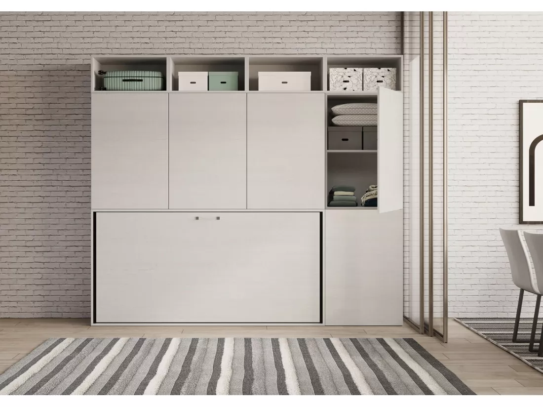 Lit escamotable horizontal blanc Bounto 85x185 avec rangement et bibliothèque composition B-1 matelas 85x185