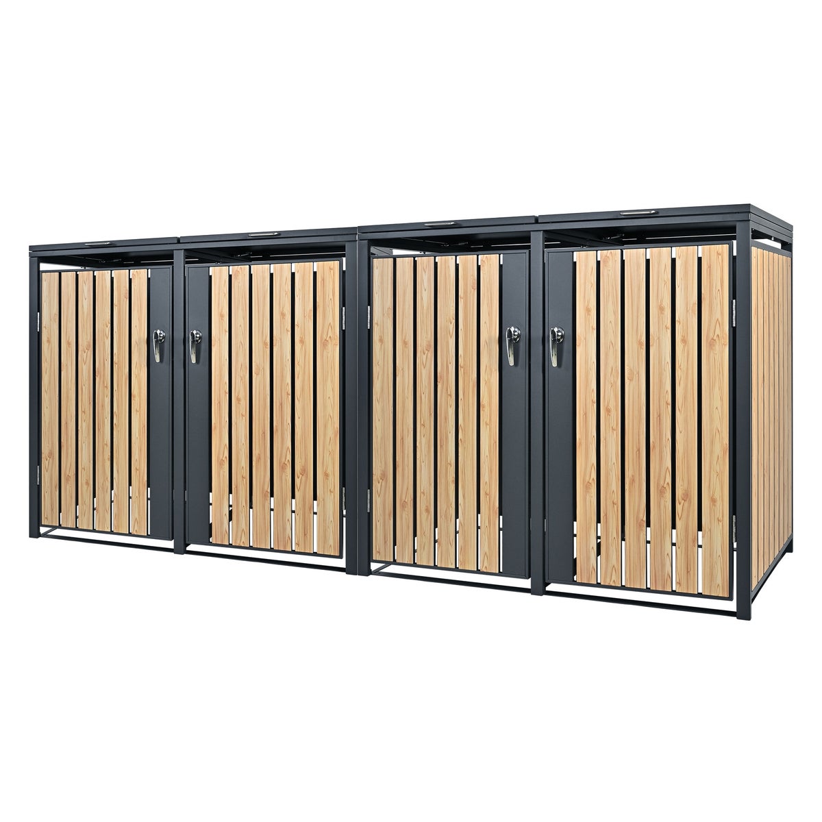 ML-Design 4-baks afvalcontainer, 4 bakken, 240L per stuk, 264x80x116,3cm, antraciet-larikslook, weerbestendig/afsluitbaar staal, bakbehuizing met klapdeksel/4 deuren, afvalbakbox, afvalbakcontainer, afvalbakdeksel