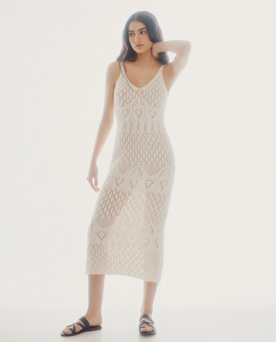 Vestido midi de renda - Marfim