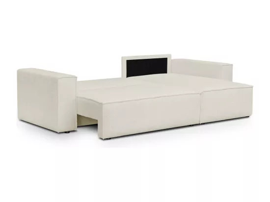 Canapé d'angle convertible réversible 4 places avec coffre de rangement en tissu bouclette écru - Livia