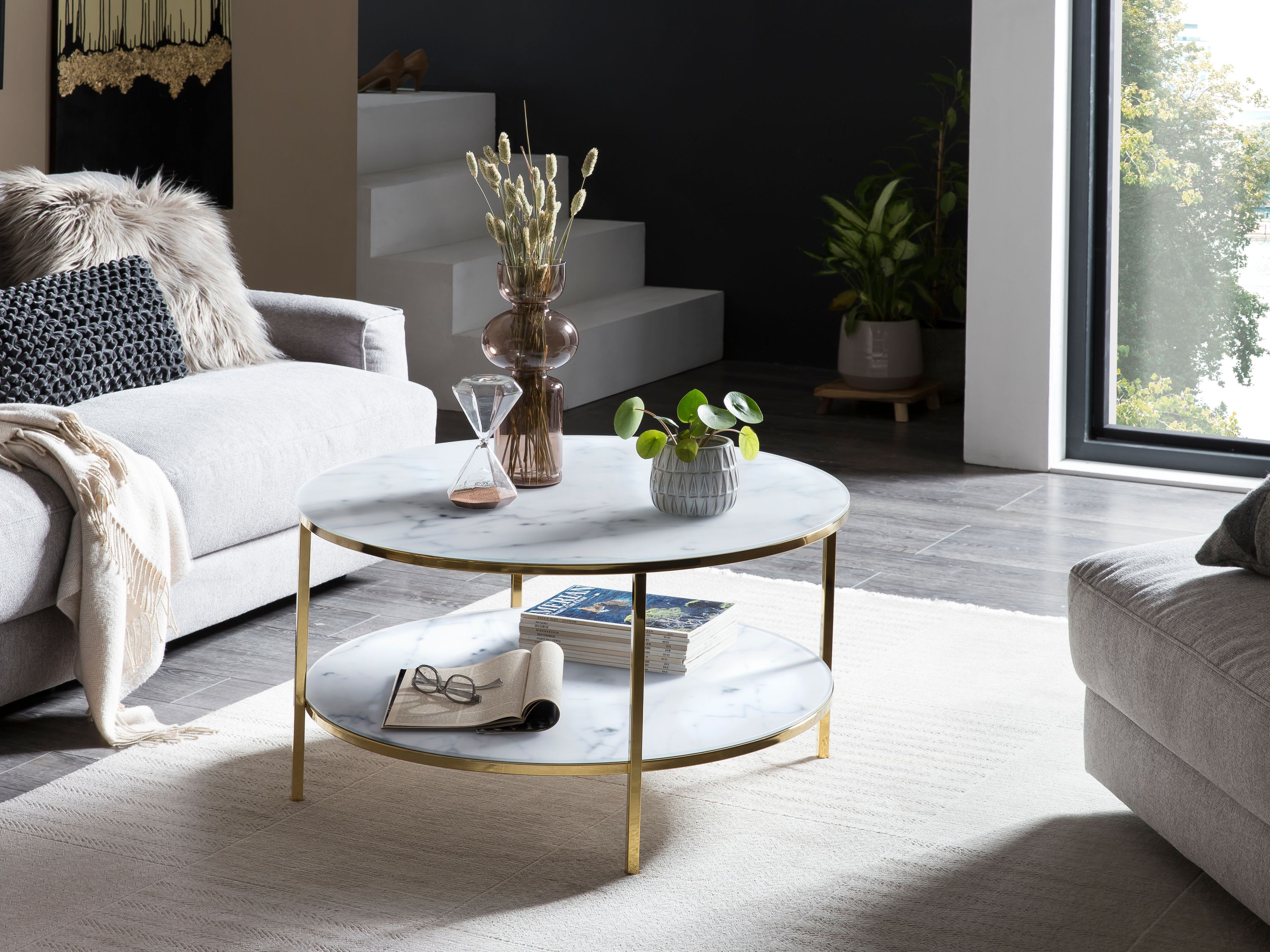 Couchtisch Ø80cm Marmor Optik Glastisch Sofatisch Beistelltisch Wohnzimmer Tisch