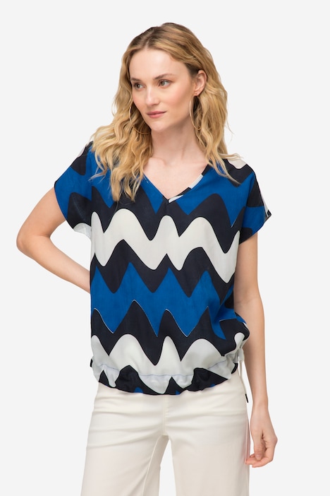Bluse, oversized, Zackenmuster, V-Ausschnitt, Halbarm