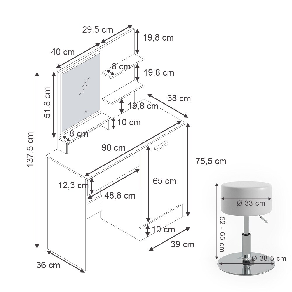 Vicco Schminktisch Frisiertisch Schminkkommode Julia Weiß LED-Spiegel Hocker 90x138 cm modern Schlafzimmer Kommode Schublade Ablage Aufbewahrung Kosmetiktisch Schminkkonsole Make-Up-Tisch