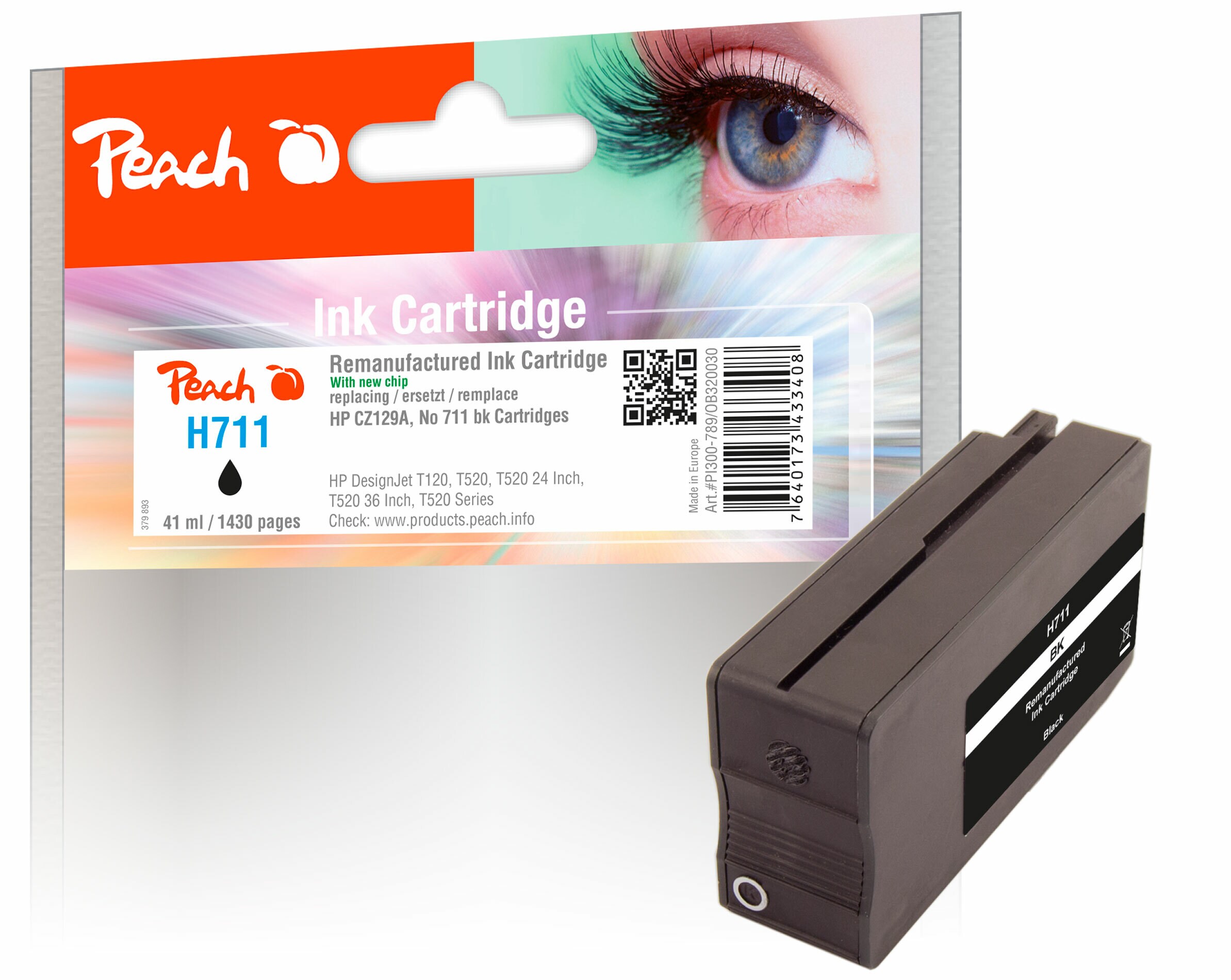 Peach HP 711 BK Druckerpatrone bk ersetzt HP No. 711 BK, CZ129AE für z.B. HP DesignJet T 120, HP DesignJet T 520, HP DesignJet T 520 24 Inch (wiederaufbereitet)