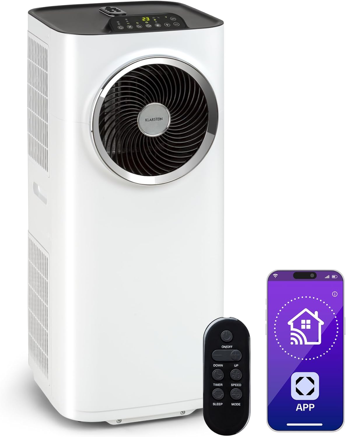 Klarstein Kraftwerk Smart 10K Mobiles Klimagerät – 10000 BTU, 29-49 m², App & Alexa Steuerung, 3-Stufen Ventilator, 23 l/h Entfeuchtung, Leise, Inkl. Fensterkit, Weiß