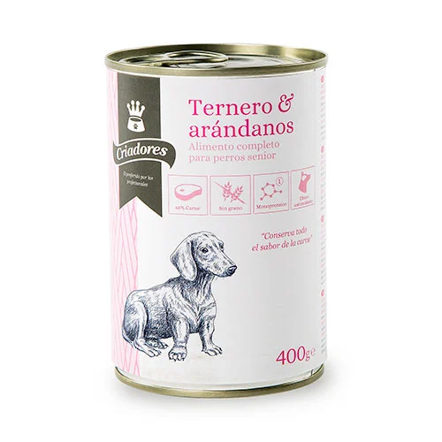 Ração enlatada Breeders Senior com carne bovina e cranberry para cães.