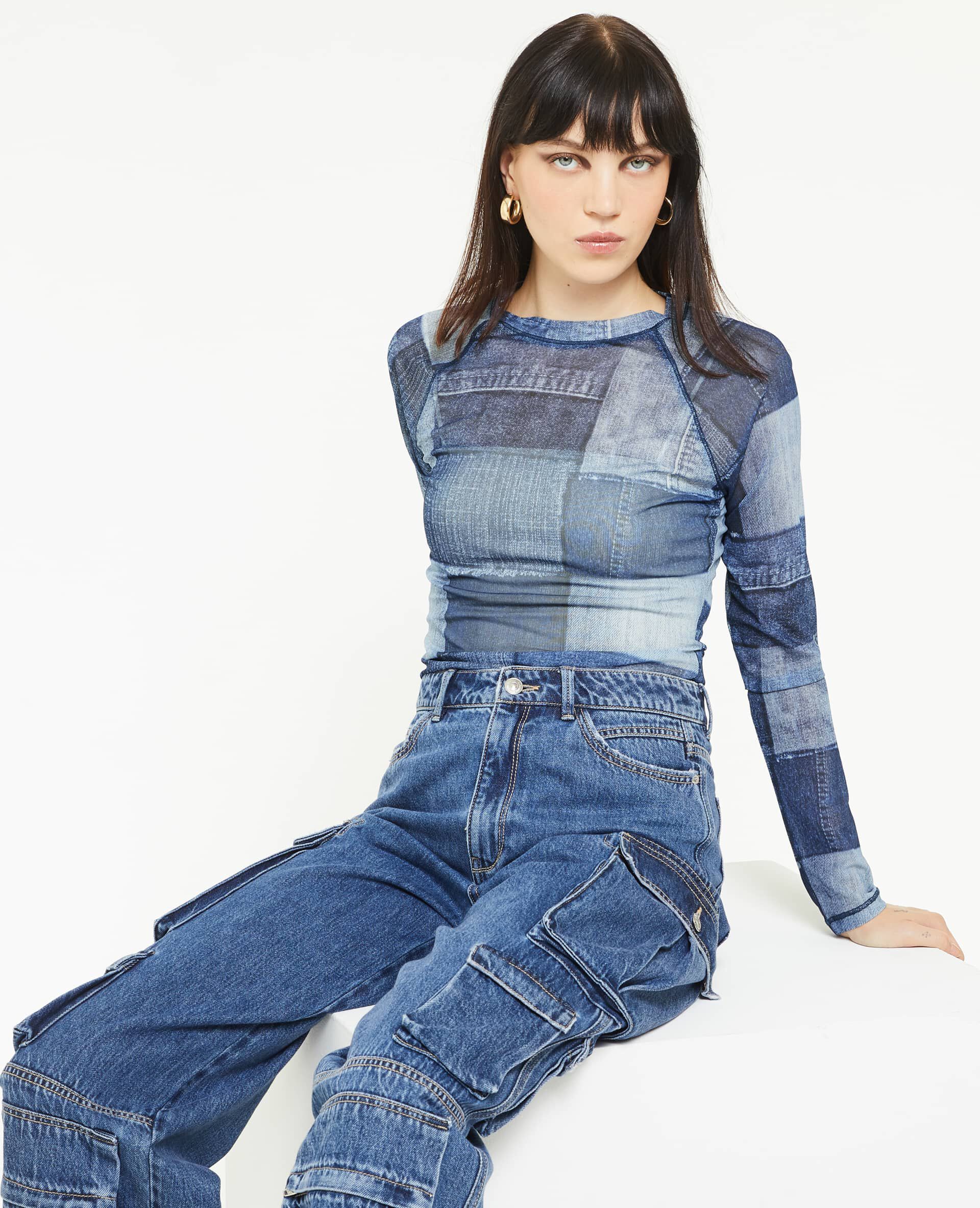 Top en tulle effet patchwork - Bleu