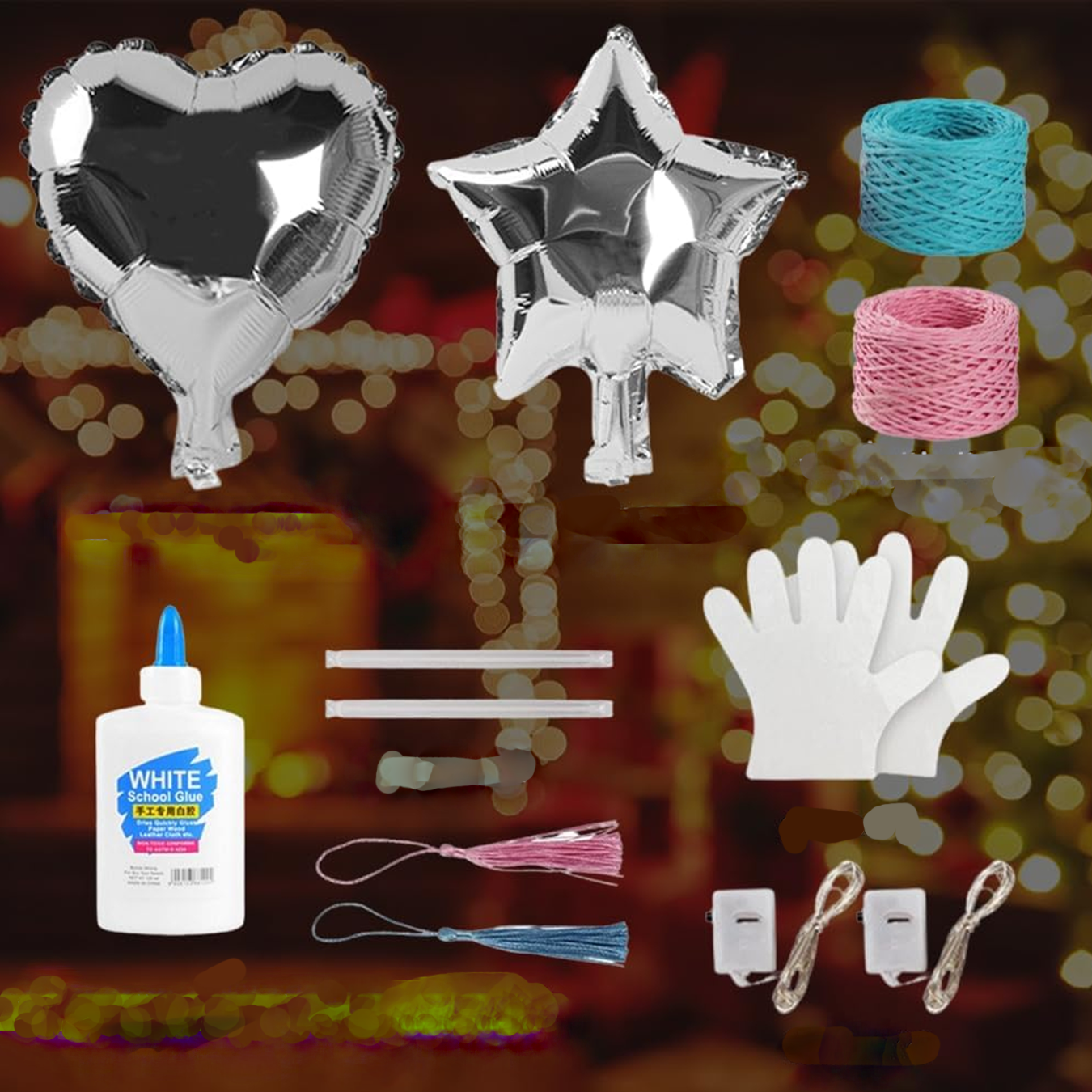 (11-tlg. Set) 3D String Art Kit DIY Bastel Laternen inkl. Schnur / LED Lichterkette / Quasten / Kleber (inkl. LR44 Batterien) - Blau / Pink