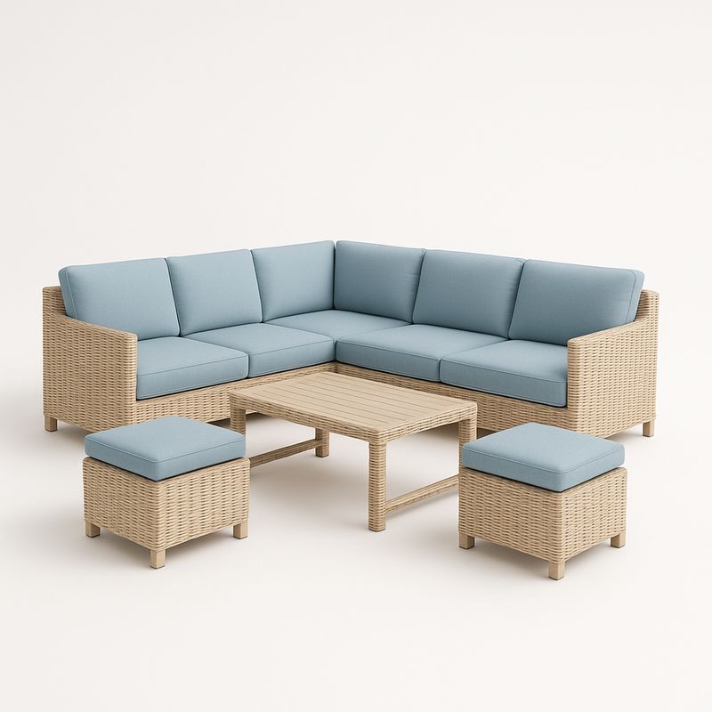 Gartensofaset aus Polyrattan mit Tisch und Hocker, Hellblaue Kissen, B
