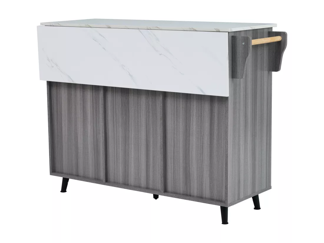 Ilot central de cuisine mobile avec 3 portes et 2 tiroirs - plateau extensible - 129x46/71x91,5 cm - Bois MDF + métal - Gris