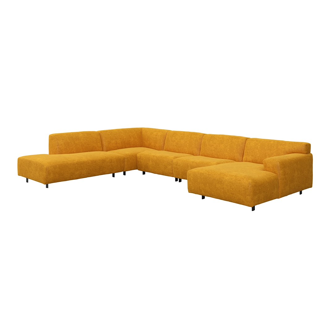 Vesta U-sofa Sjeselong høyre, 3-seter og åpen ende venstre. Big hjørnemodul, Tekstil Eros Mustard, sort metallben 10 cm, Comfort CM