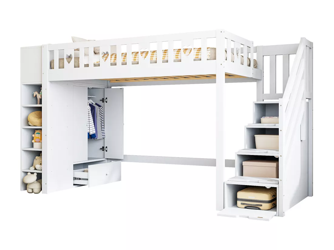 Lit mezzanine 90 x 200 cm avec armoire, étagères de rangement et tiroirs - Pin + MDF - Blanc (sans matelas)