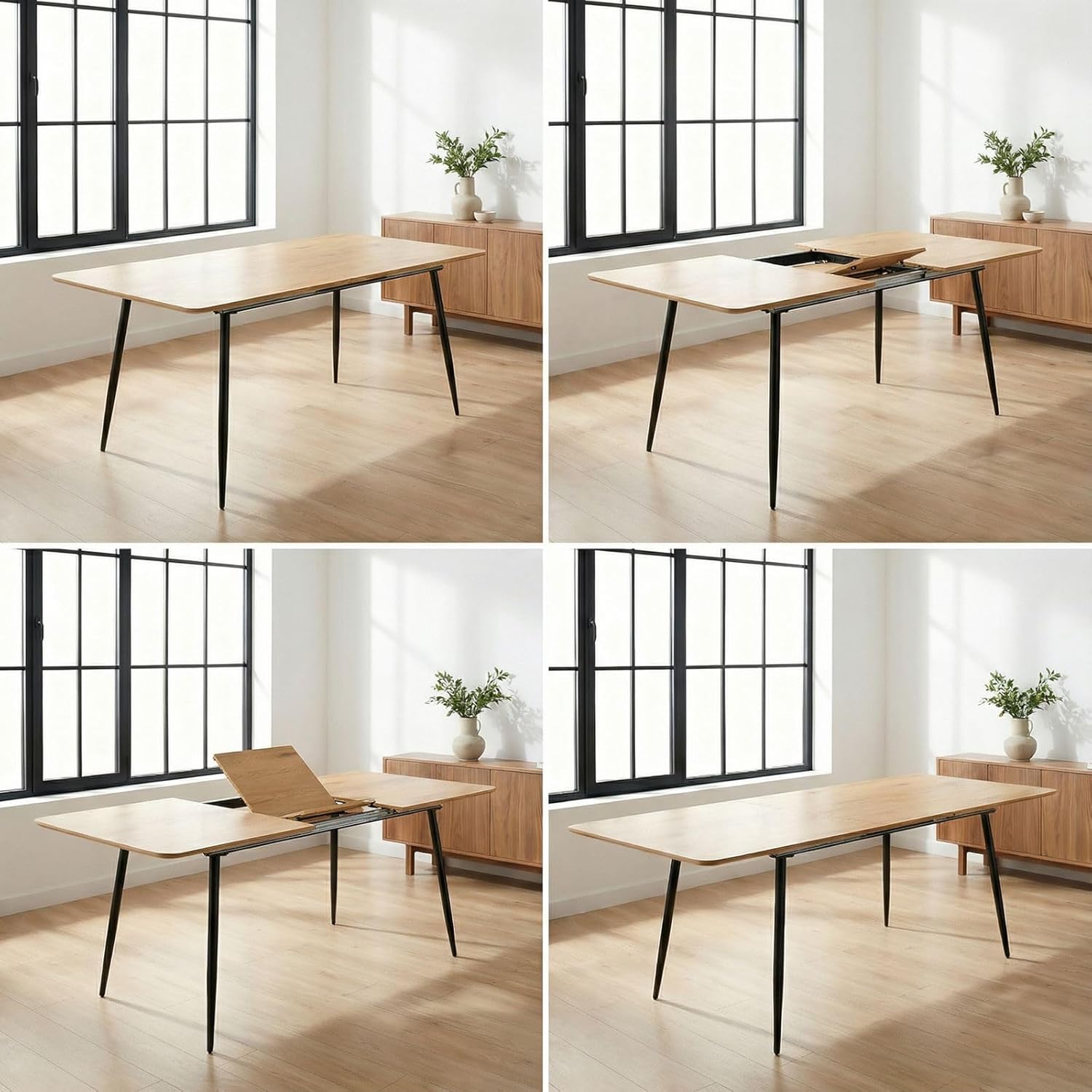 Esstisch ORSA ausziehbar 160-200 x 80 cm, Eiche Finish - Esszimmertisch rechteckig, Küchentisch mit Butterfly-Einlegeplatte, moderner Esstisch für Essbereich, Metallgestell schwarz pulverbeschichtet