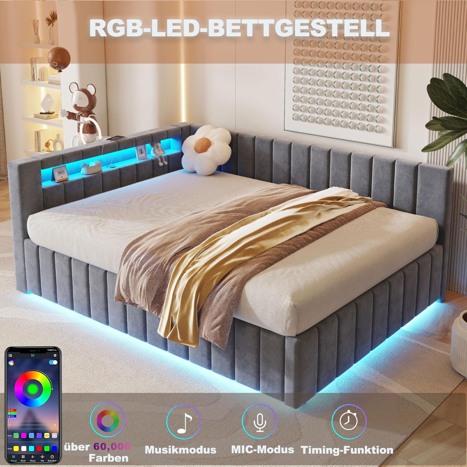 Polsterbett Schlafsofa 140x200, Doppelbett mit Hydraulischem Stauraum, mit LED-Licht und USB-Ladefunktion, Tagesbett Jugendbett mit Lattenrost, Samtstoff, ohne Matratze, Grau BN1838502