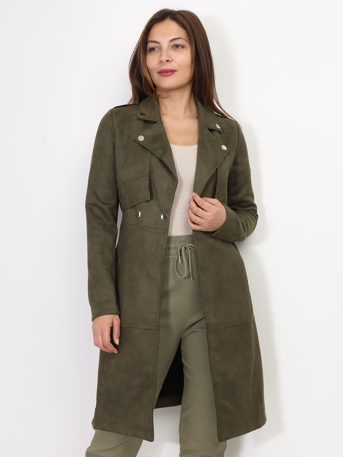 Veste longue ceinturée en suédine- Kaki