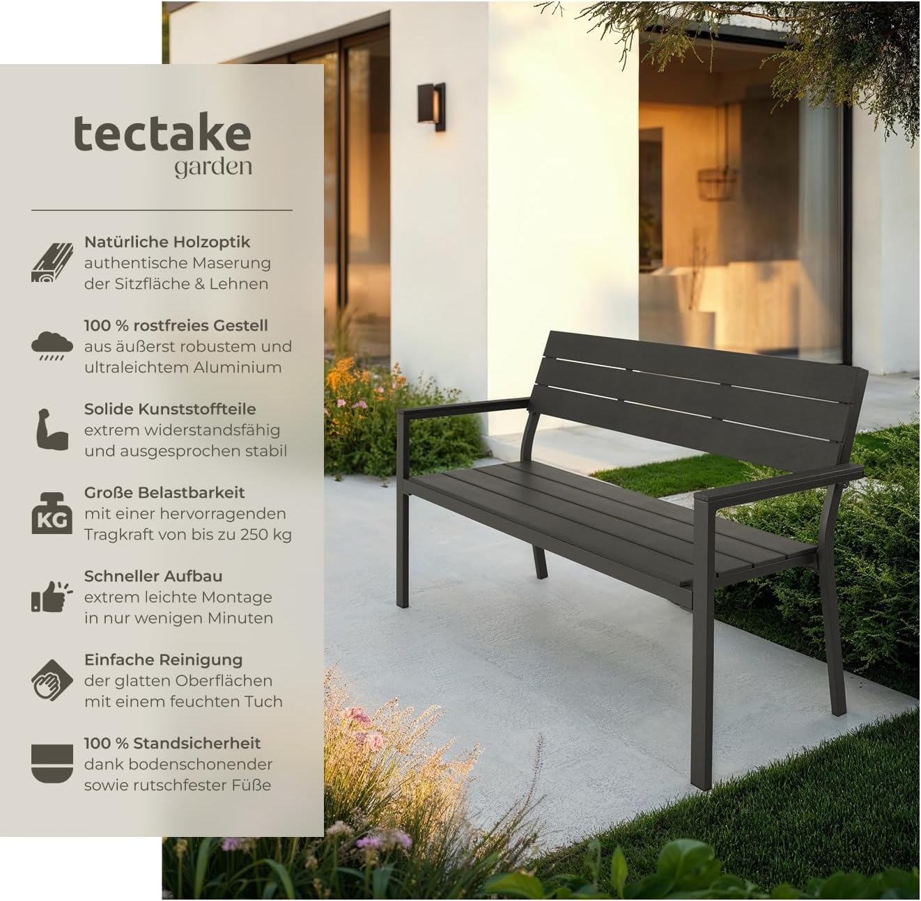 tectake® Gartenbank, Bank in Holzoptik, Parkbank als Gartenmöbel, Balkonbank Sitzbank für Wintergarten, Terrasse, Garten bis 250 kg belastbar, 2-Sitzer Parkbank, 128 x 59 x 88 cm - dunkelgrau