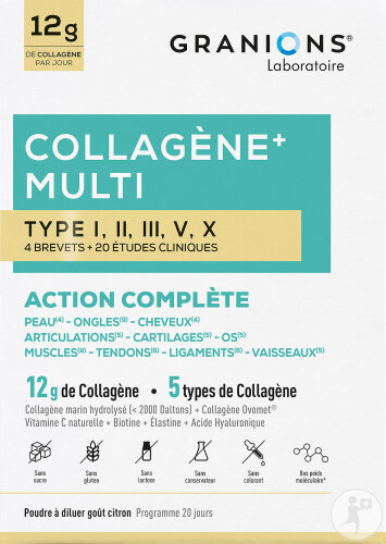 Granions Collagène+ Multi 5 Types Collagène Complément Alimentaire Goût Citron Poudre 260g